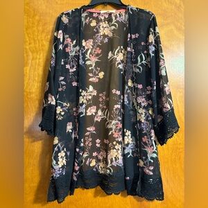 Floral Sheer Kimono with Lace Trim